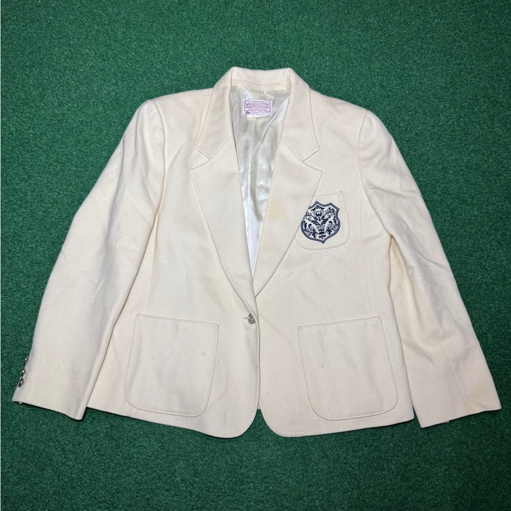 Vintage Pendleton Wool Blazer Cream Crest 1 Button Womens Petite 14 Jacket